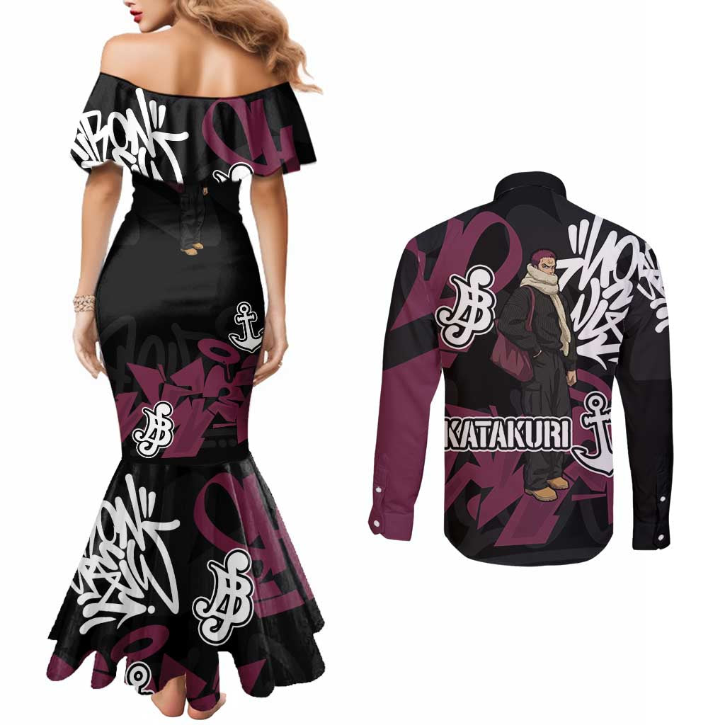 Charlotte Katakuri One Piece Couples Matching Mermaid Dress and Long Sleeve Button Shirt Graffiti Street Art Anime Collage