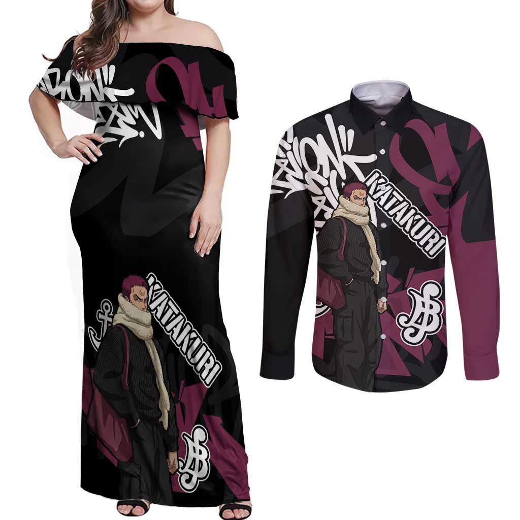 Charlotte Katakuri One Piece Couples Matching Off Shoulder Maxi Dress and Long Sleeve Button Shirt Graffiti Street Art Anime Collage