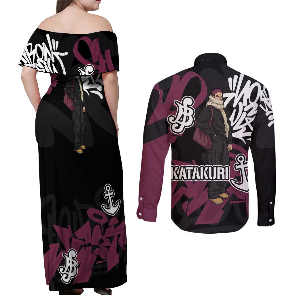Charlotte Katakuri One Piece Couples Matching Off Shoulder Maxi Dress and Long Sleeve Button Shirt Graffiti Street Art Anime Collage