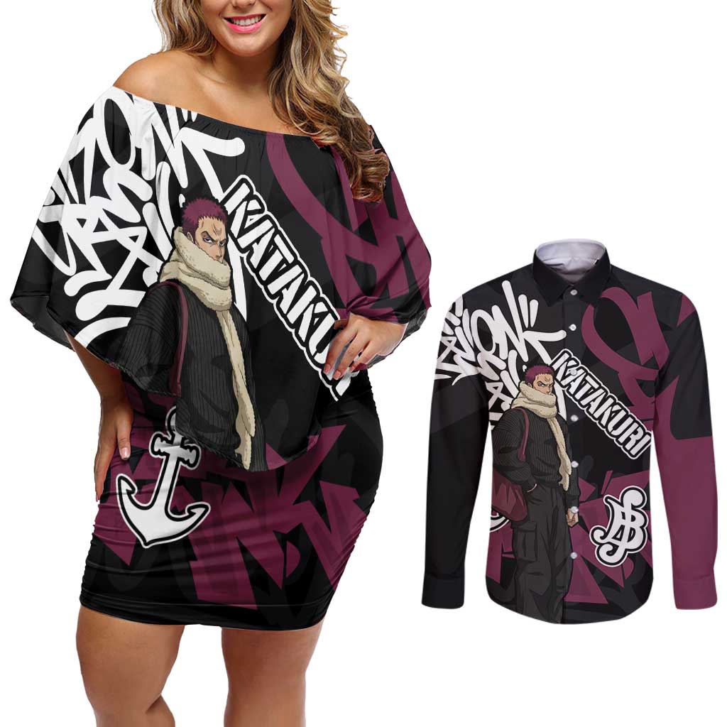Charlotte Katakuri One Piece Couples Matching Off Shoulder Short Dress and Long Sleeve Button Shirt Graffiti Street Art Anime Collage