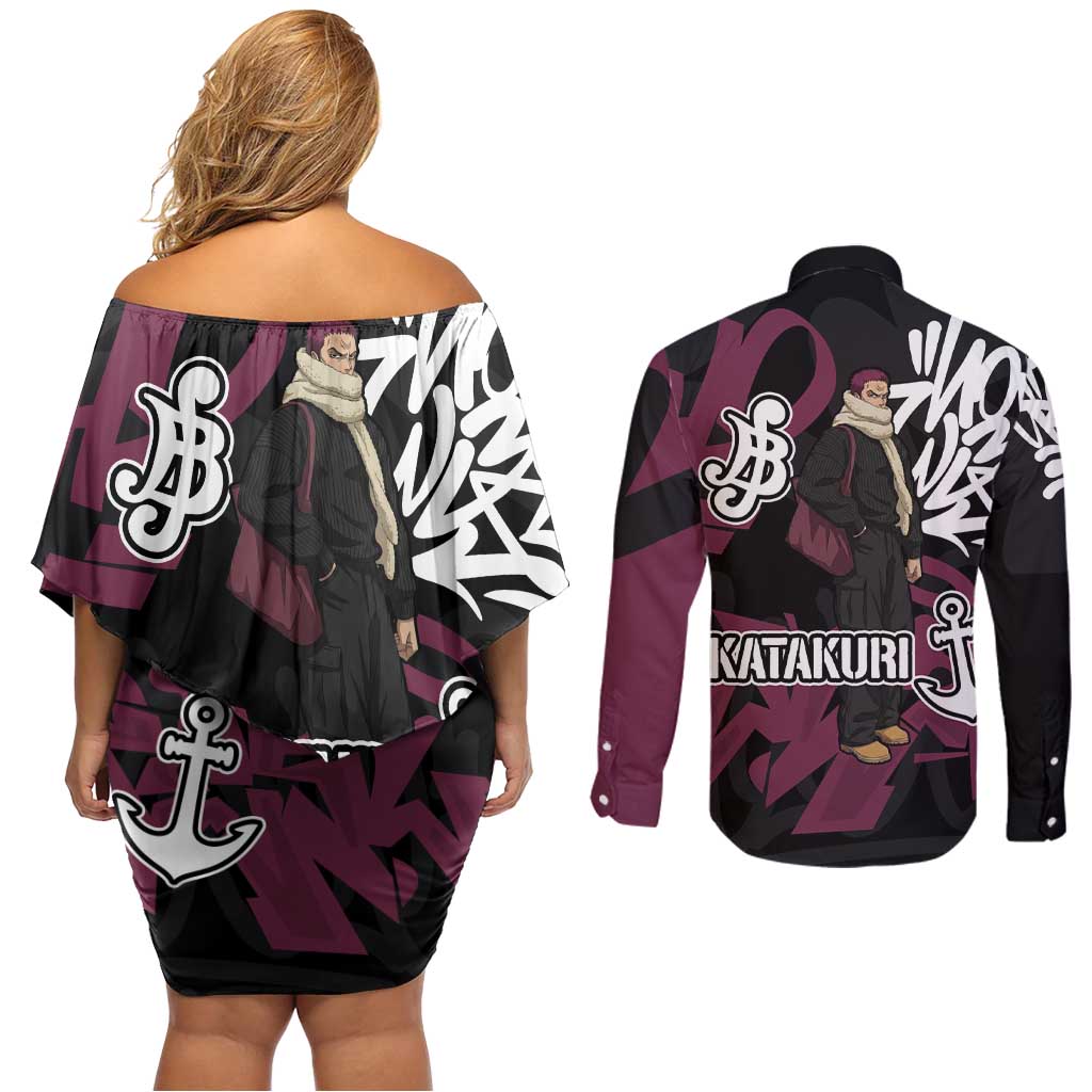 Charlotte Katakuri One Piece Couples Matching Off Shoulder Short Dress and Long Sleeve Button Shirt Graffiti Street Art Anime Collage