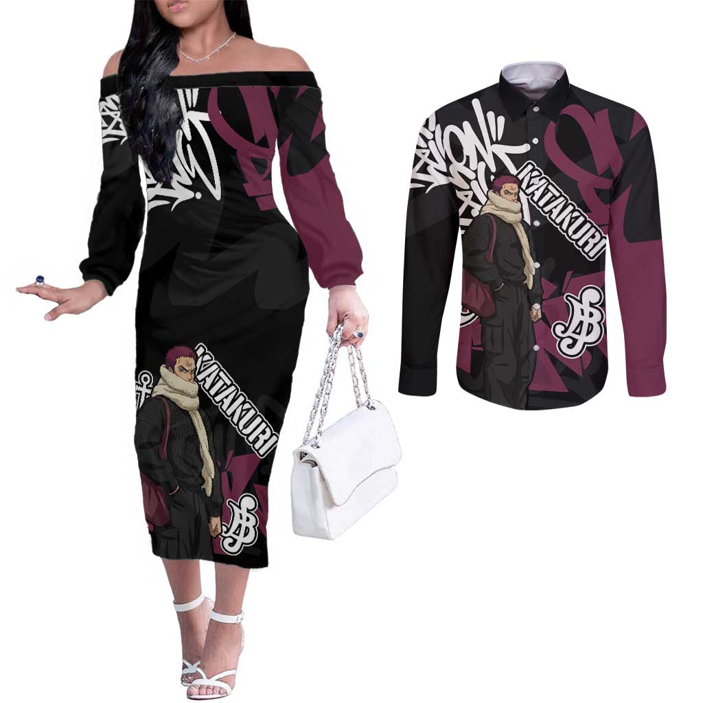 Charlotte Katakuri One Piece Couples Matching Off The Shoulder Long Sleeve Dress and Long Sleeve Button Shirt Graffiti Street Art Anime Collage