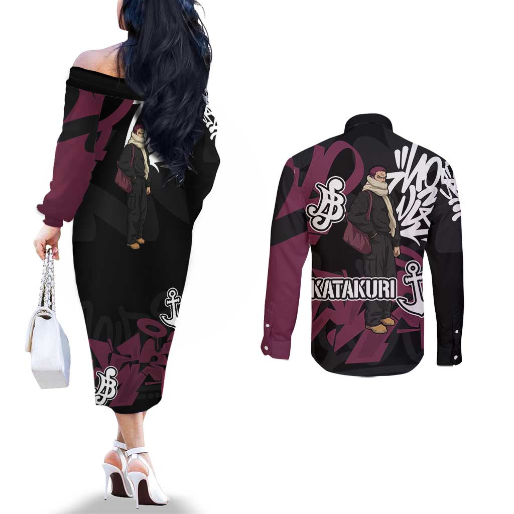 Charlotte Katakuri One Piece Couples Matching Off The Shoulder Long Sleeve Dress and Long Sleeve Button Shirt Graffiti Street Art Anime Collage
