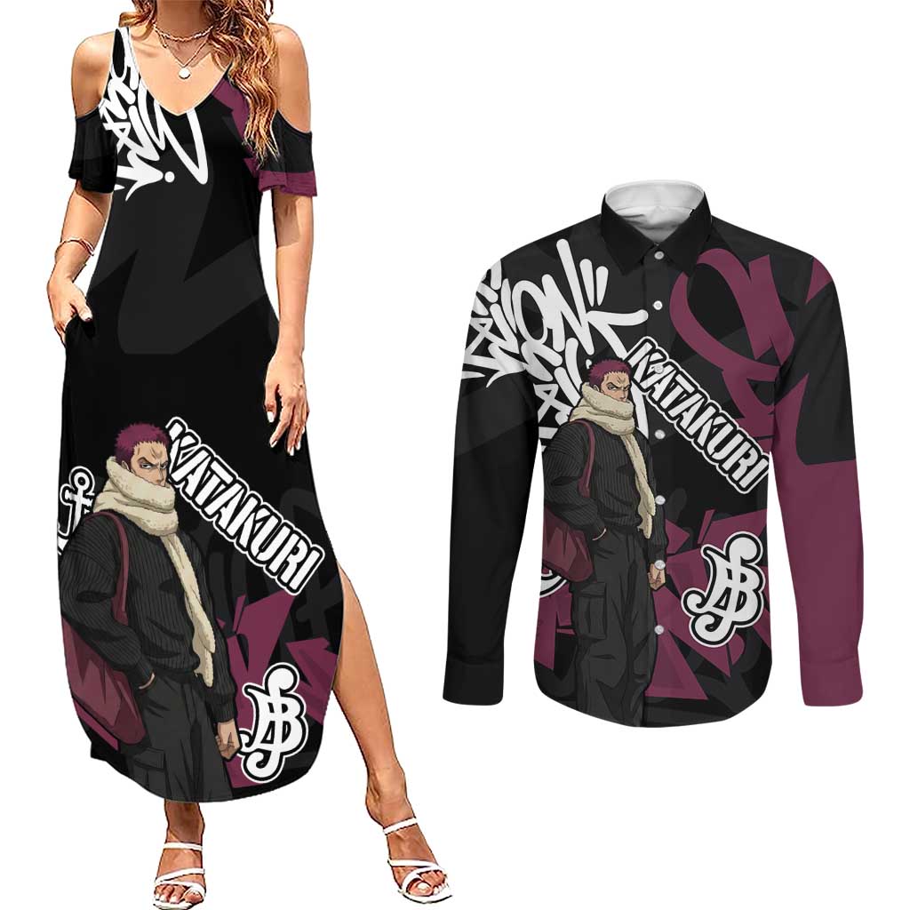 Charlotte Katakuri One Piece Couples Matching Summer Maxi Dress and Long Sleeve Button Shirt Graffiti Street Art Anime Collage