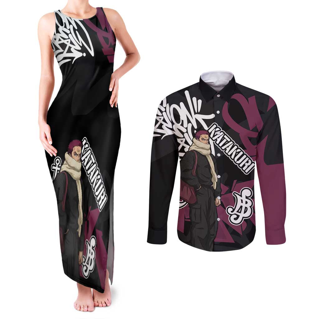 Charlotte Katakuri One Piece Couples Matching Tank Maxi Dress and Long Sleeve Button Shirt Graffiti Street Art Anime Collage