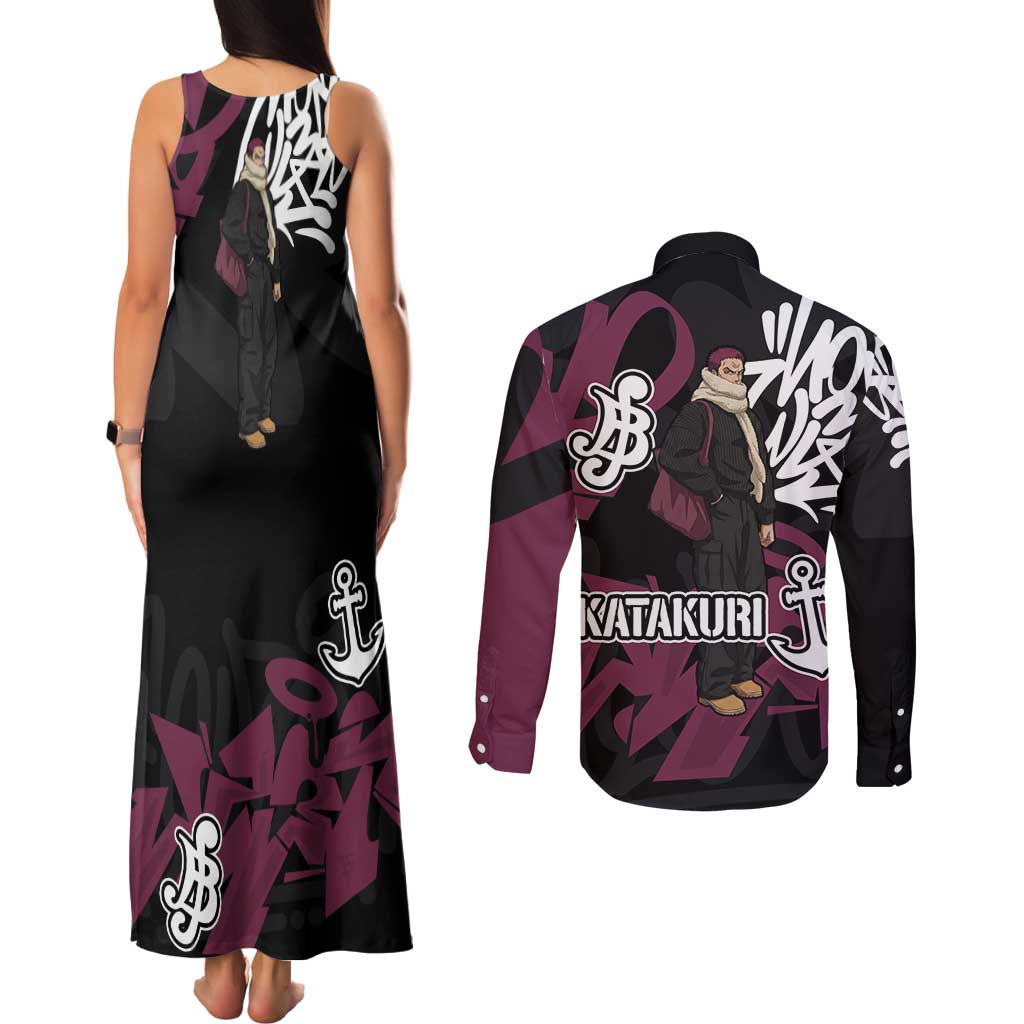 Charlotte Katakuri One Piece Couples Matching Tank Maxi Dress and Long Sleeve Button Shirt Graffiti Street Art Anime Collage