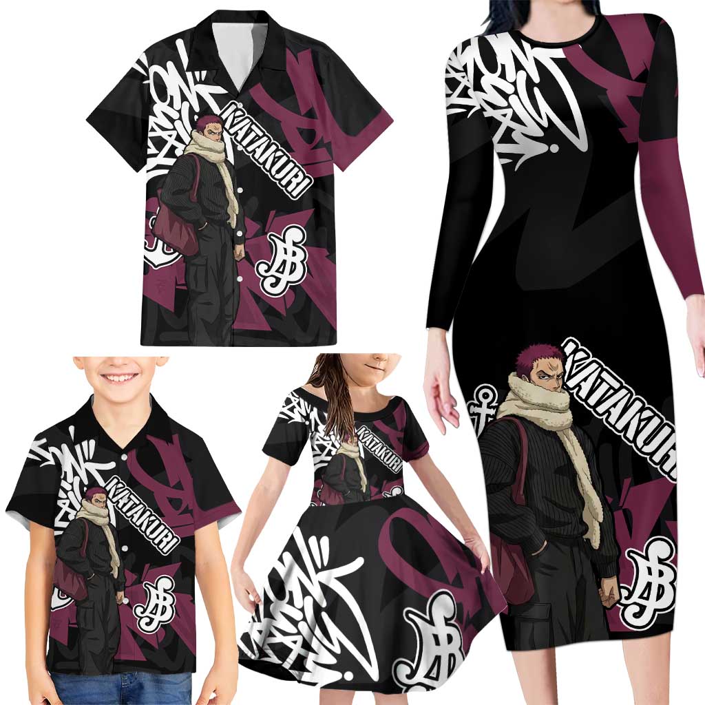 Charlotte Katakuri One Piece Family Matching Long Sleeve Bodycon Dress and Hawaiian Shirt Graffiti Street Art Anime Collage