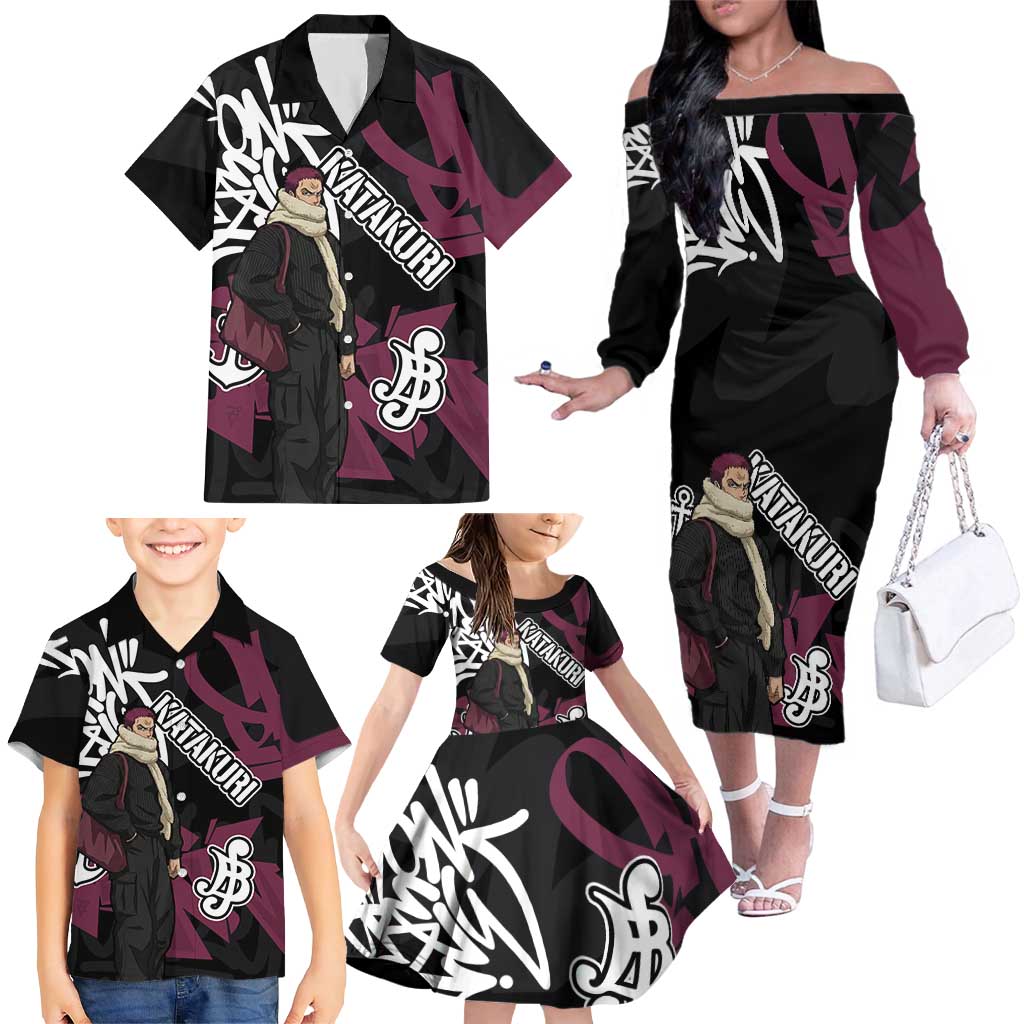 Charlotte Katakuri One Piece Family Matching Off The Shoulder Long Sleeve Dress and Hawaiian Shirt Graffiti Street Art Anime Collage