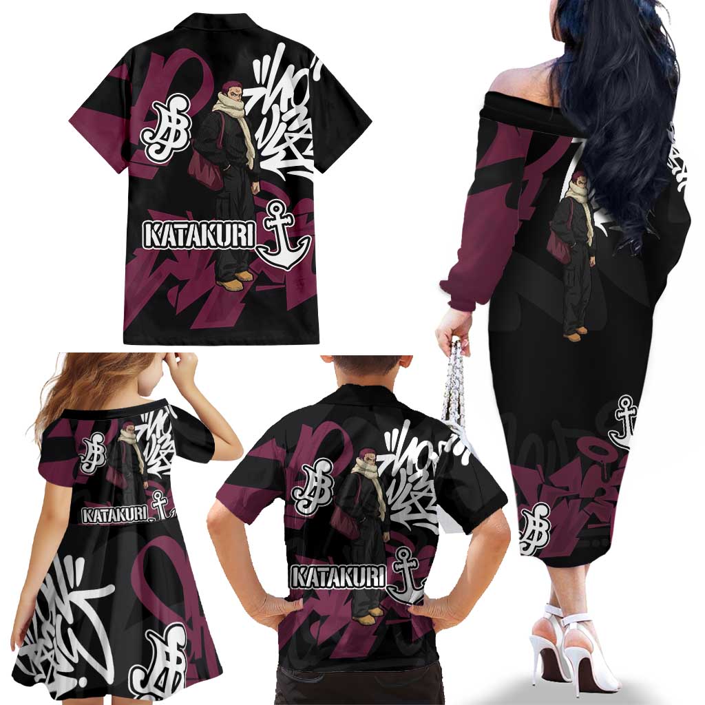 Charlotte Katakuri One Piece Family Matching Off The Shoulder Long Sleeve Dress and Hawaiian Shirt Graffiti Street Art Anime Collage