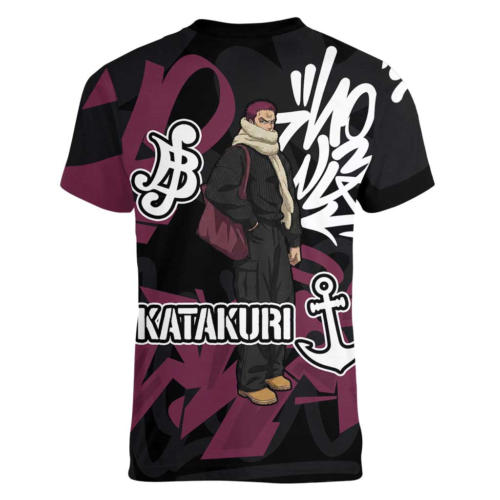 Charlotte Katakuri One Piece Women V-Neck T-Shirt Graffiti Street Art Anime Collage