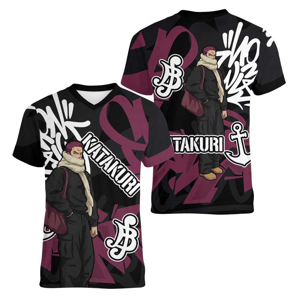 Charlotte Katakuri One Piece Women V-Neck T-Shirt Graffiti Street Art Anime Collage