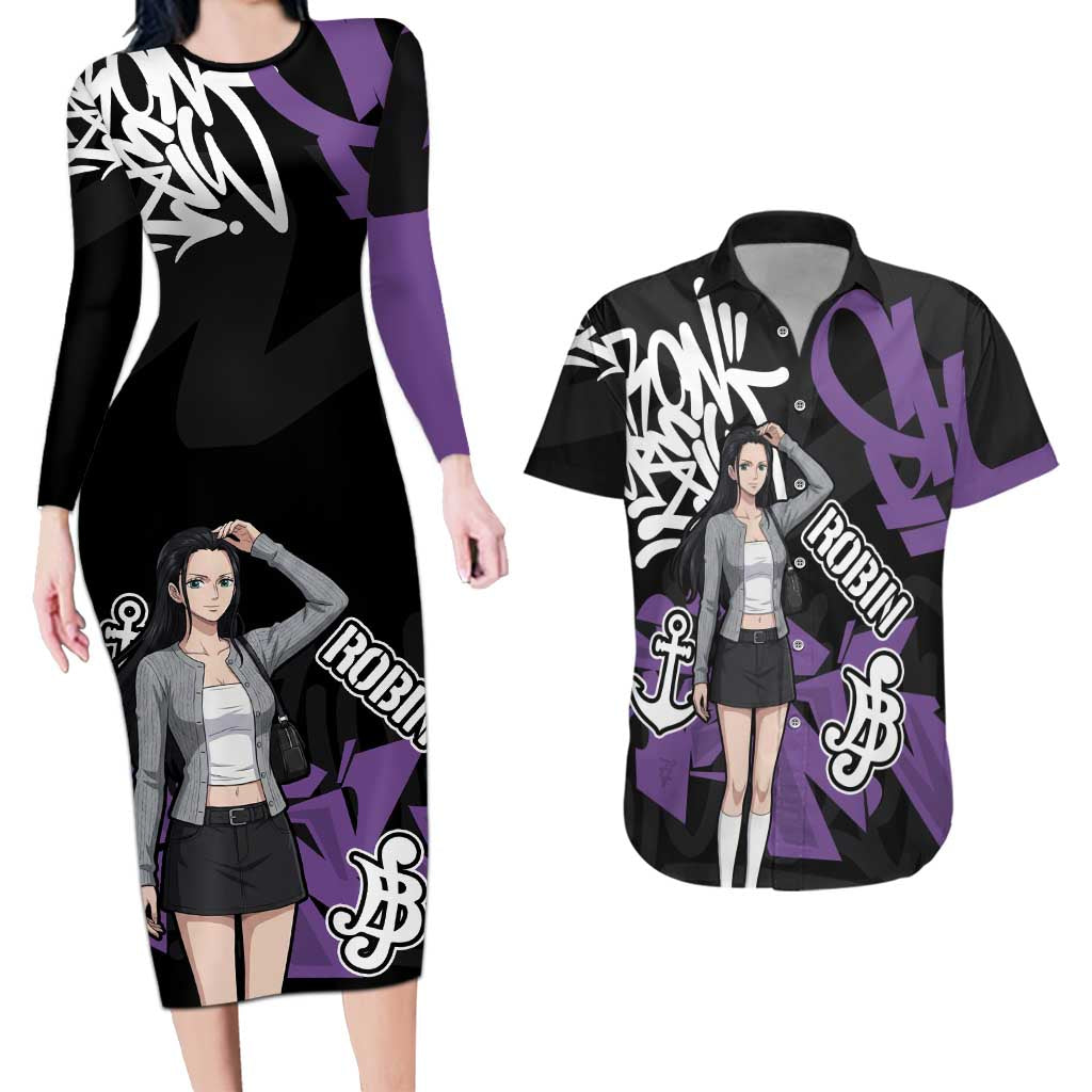 Nico Robin One Piece Couples Matching Long Sleeve Bodycon Dress and Hawaiian Shirt Graffiti Street Art Anime Collage