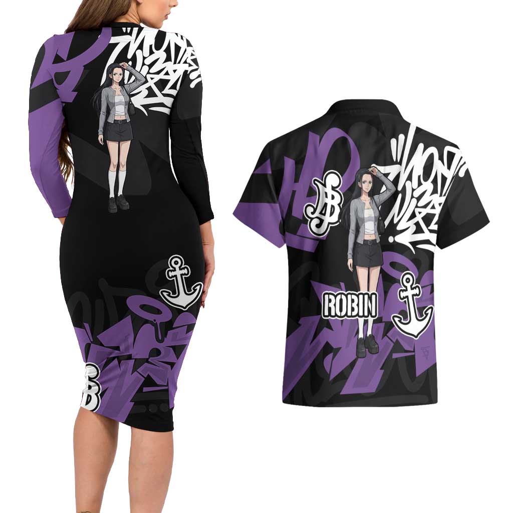 Nico Robin One Piece Couples Matching Long Sleeve Bodycon Dress and Hawaiian Shirt Graffiti Street Art Anime Collage