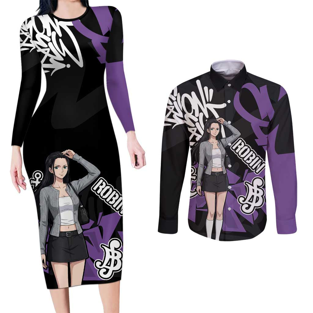 Nico Robin One Piece Couples Matching Long Sleeve Bodycon Dress and Long Sleeve Button Shirt Graffiti Street Art Anime Collage
