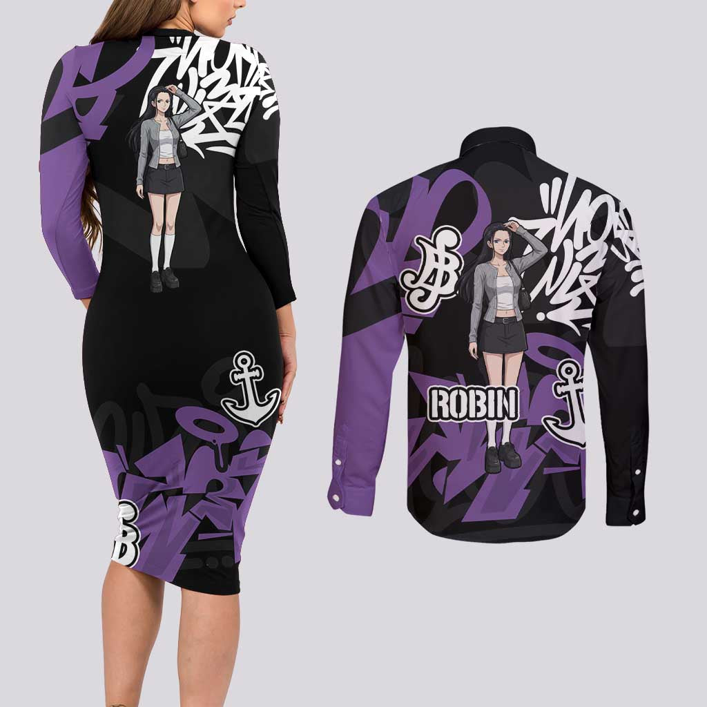 Nico Robin One Piece Couples Matching Long Sleeve Bodycon Dress and Long Sleeve Button Shirt Graffiti Street Art Anime Collage