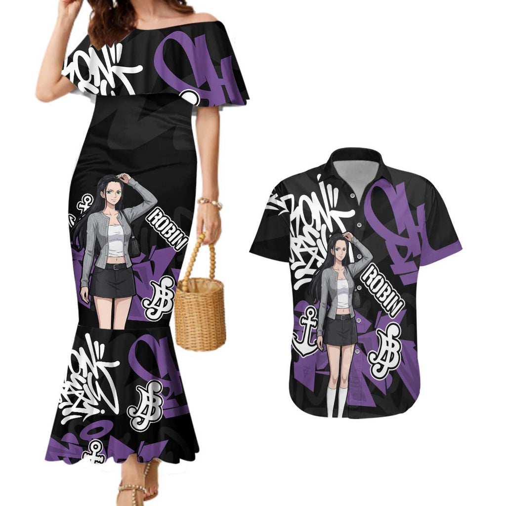 Nico Robin One Piece Couples Matching Mermaid Dress and Hawaiian Shirt Graffiti Street Art Anime Collage