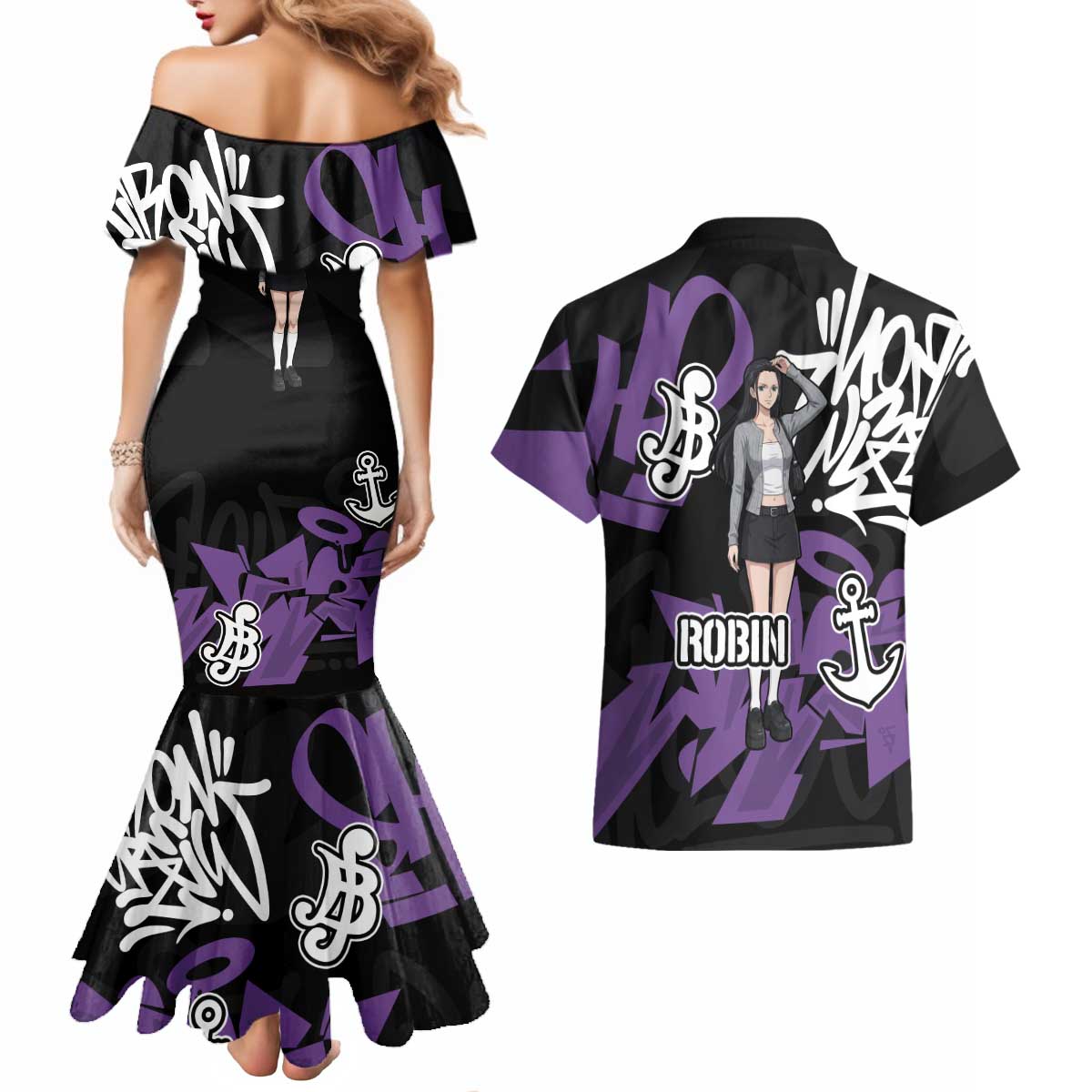Nico Robin One Piece Couples Matching Mermaid Dress and Hawaiian Shirt Graffiti Street Art Anime Collage