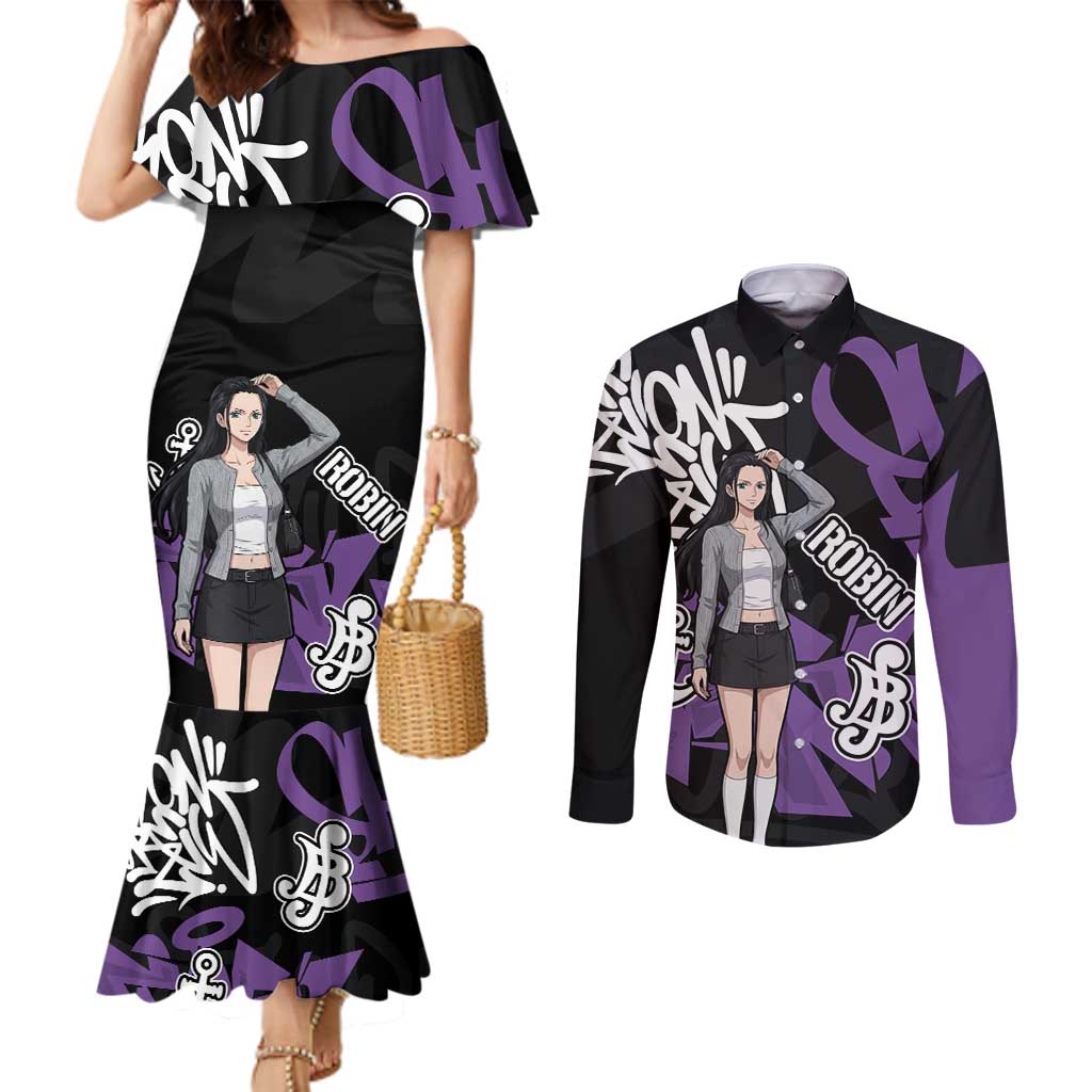 Nico Robin One Piece Couples Matching Mermaid Dress and Long Sleeve Button Shirt Graffiti Street Art Anime Collage