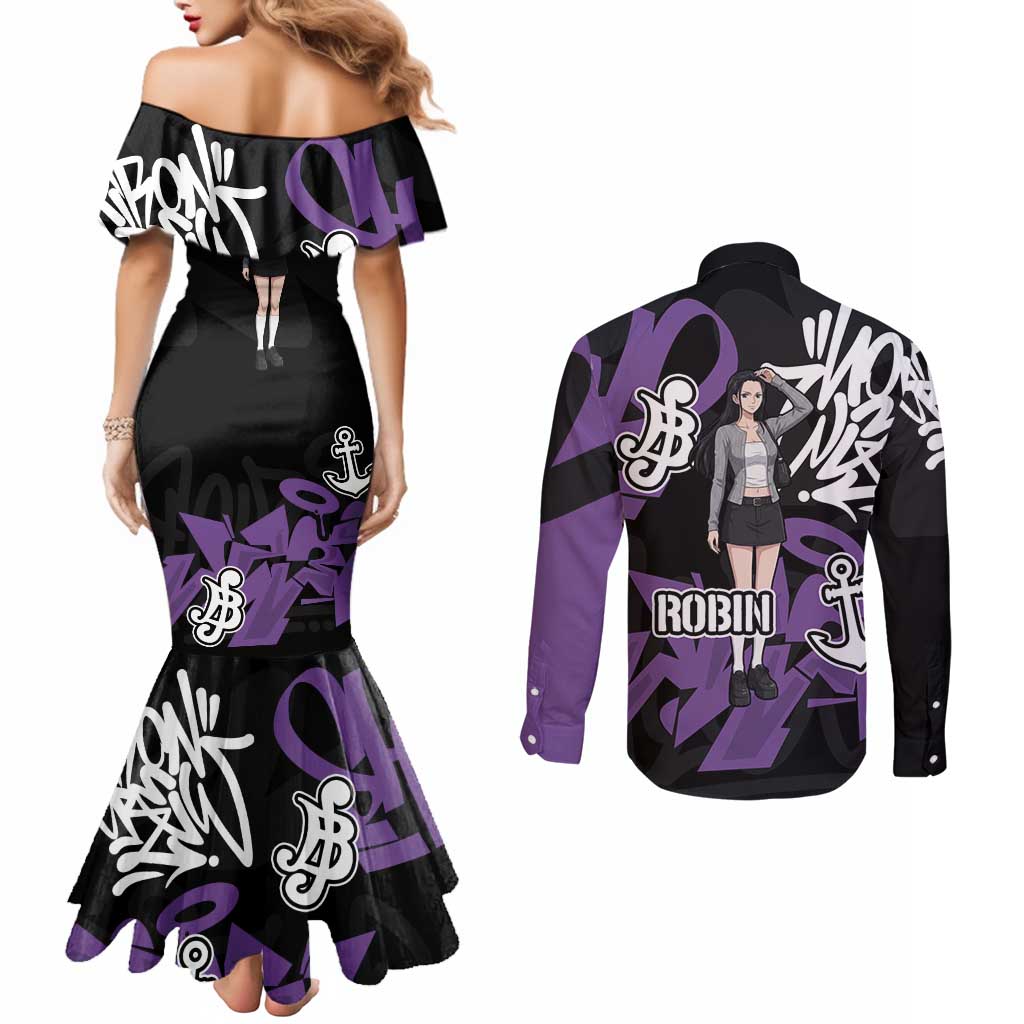 Nico Robin One Piece Couples Matching Mermaid Dress and Long Sleeve Button Shirt Graffiti Street Art Anime Collage
