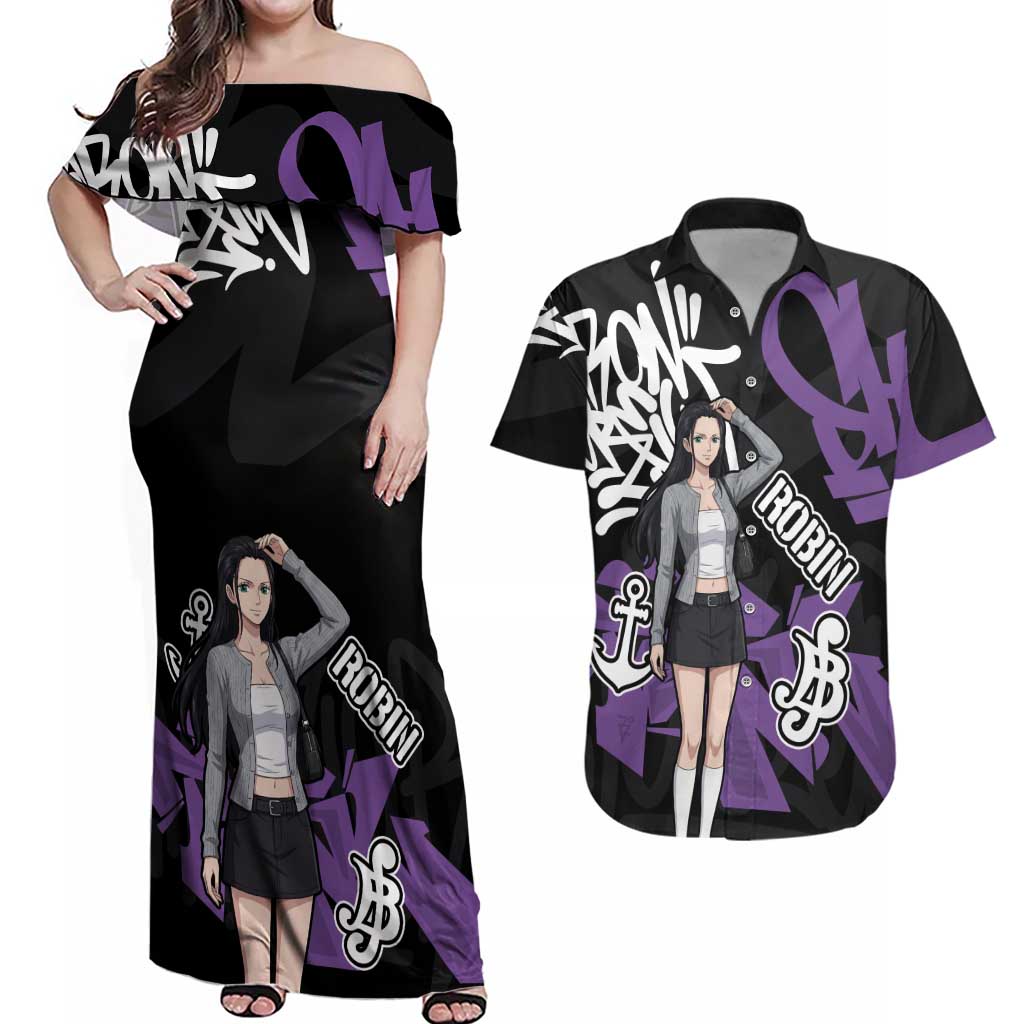 Nico Robin One Piece Couples Matching Off Shoulder Maxi Dress and Hawaiian Shirt Graffiti Street Art Anime Collage