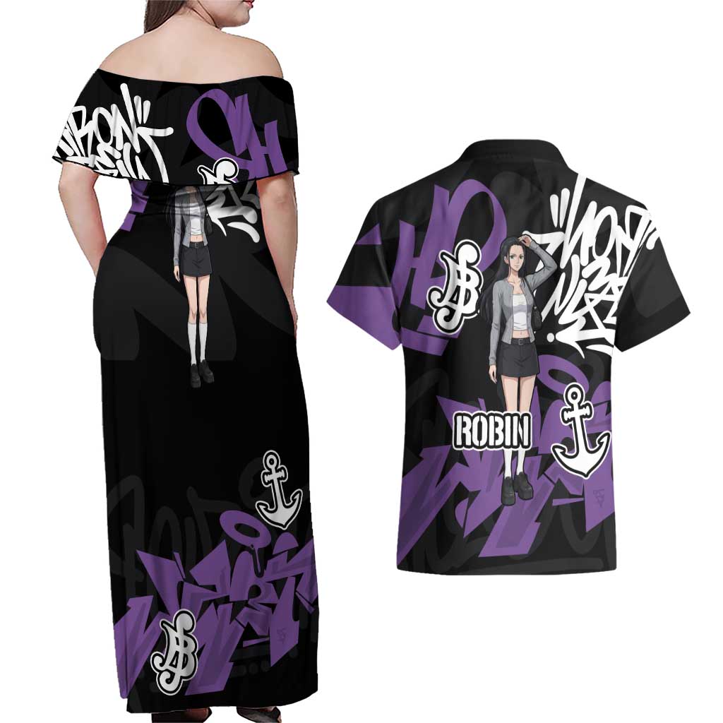 Nico Robin One Piece Couples Matching Off Shoulder Maxi Dress and Hawaiian Shirt Graffiti Street Art Anime Collage