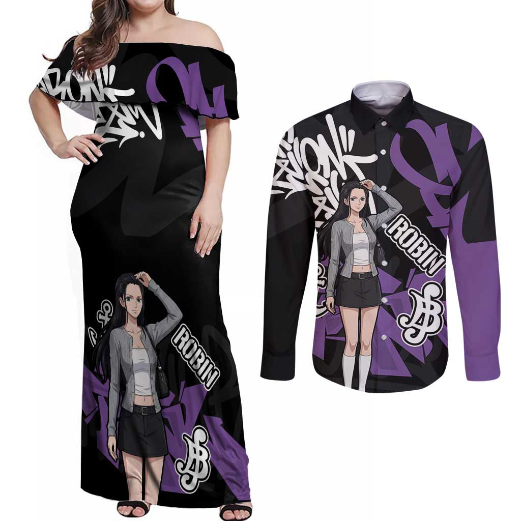 Nico Robin One Piece Couples Matching Off Shoulder Maxi Dress and Long Sleeve Button Shirt Graffiti Street Art Anime Collage
