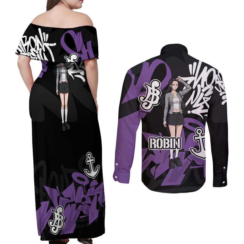 Nico Robin One Piece Couples Matching Off Shoulder Maxi Dress and Long Sleeve Button Shirt Graffiti Street Art Anime Collage