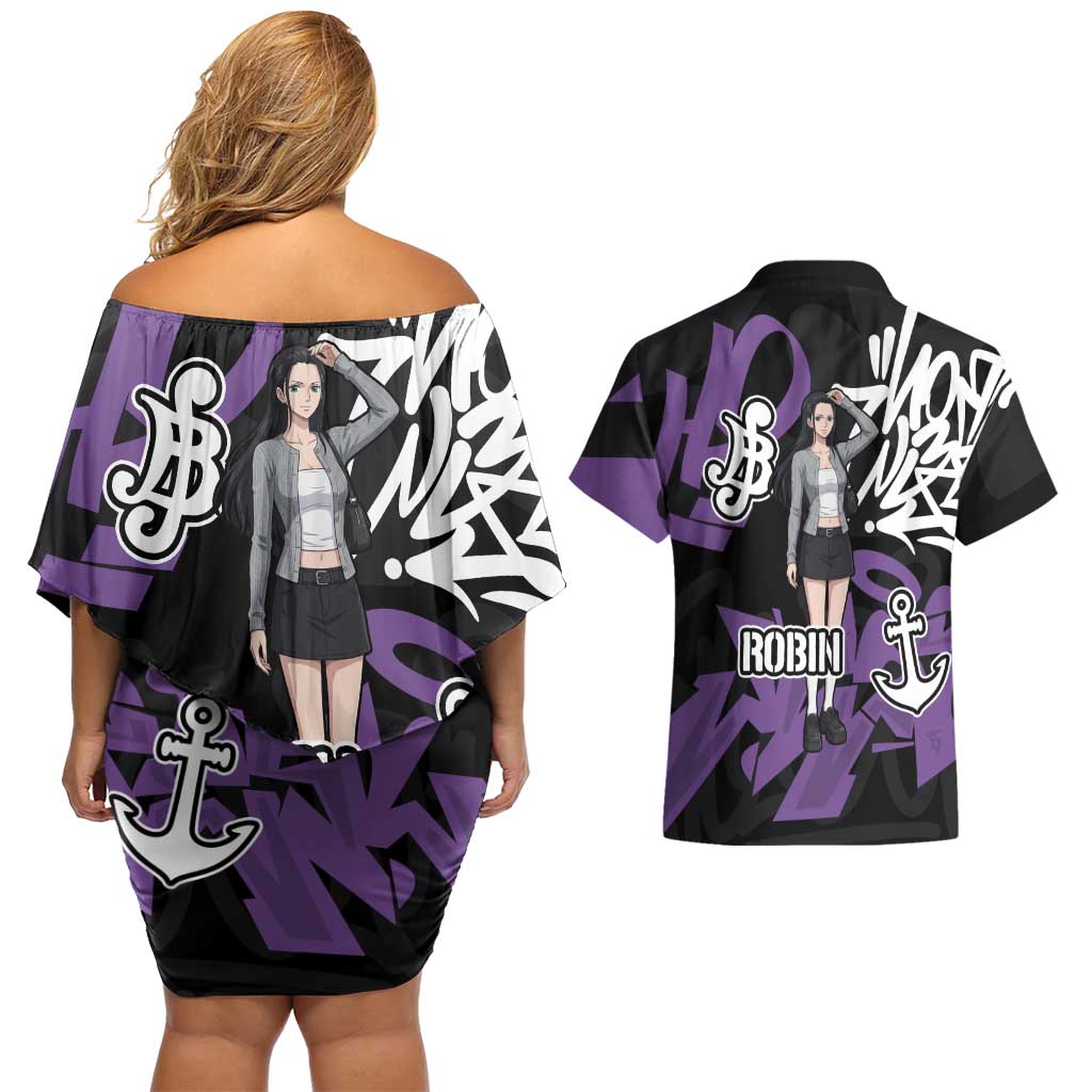 Nico Robin One Piece Couples Matching Off Shoulder Short Dress and Hawaiian Shirt Graffiti Street Art Anime Collage