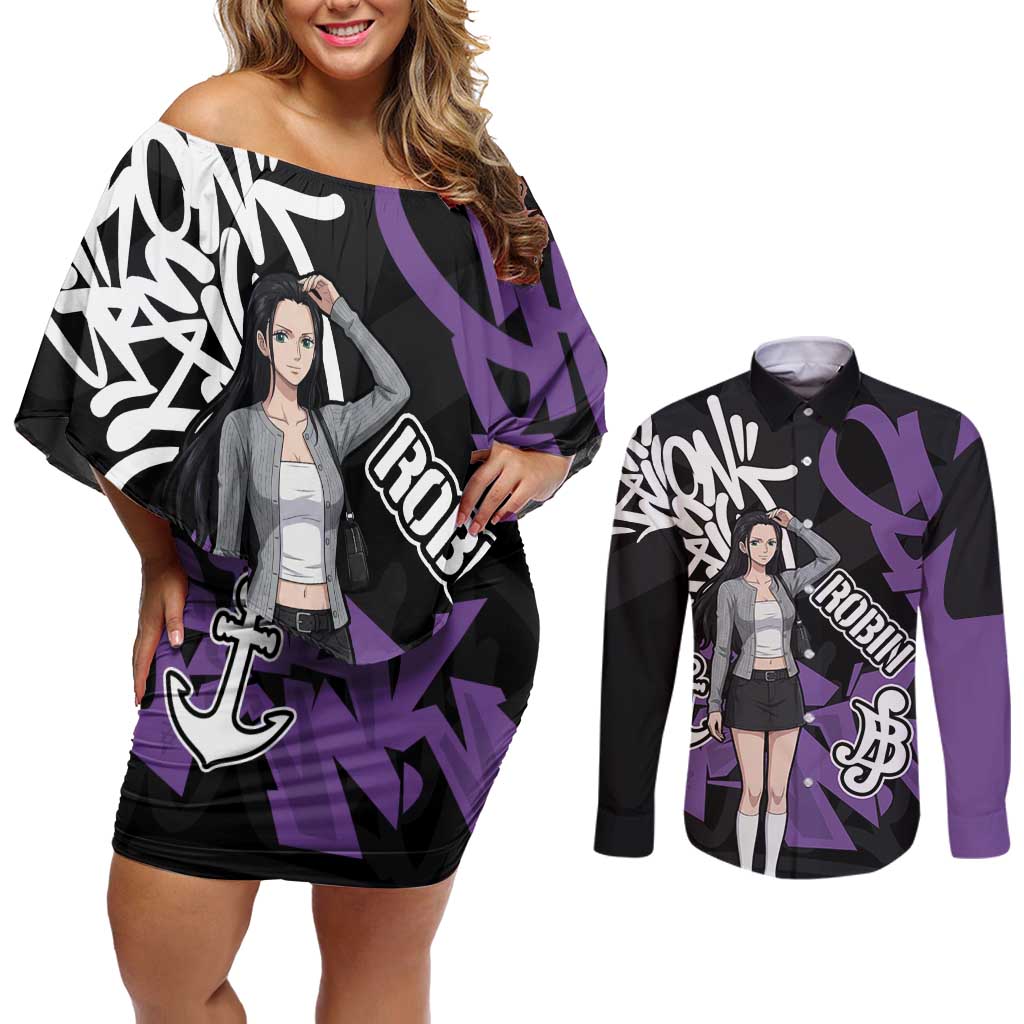 Nico Robin One Piece Couples Matching Off Shoulder Short Dress and Long Sleeve Button Shirt Graffiti Street Art Anime Collage