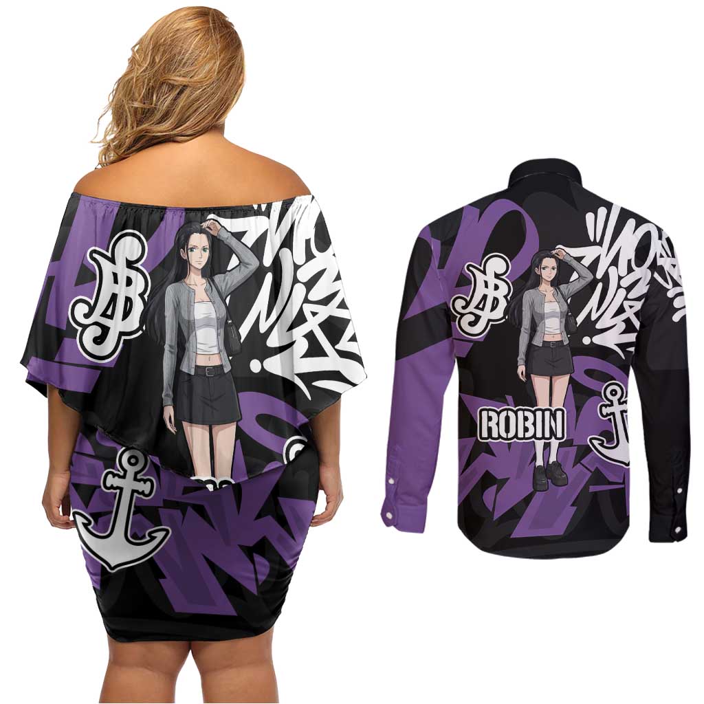 Nico Robin One Piece Couples Matching Off Shoulder Short Dress and Long Sleeve Button Shirt Graffiti Street Art Anime Collage
