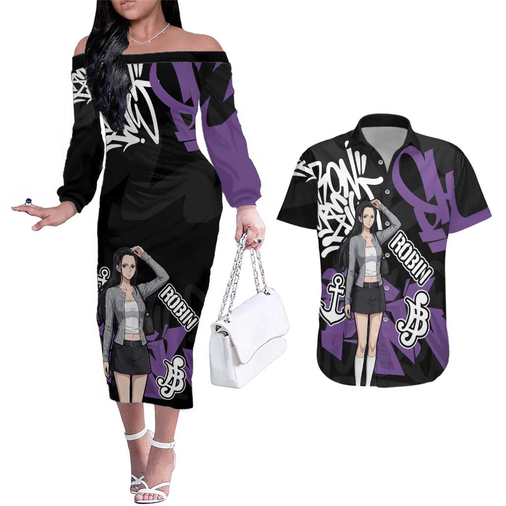 Nico Robin One Piece Couples Matching Off The Shoulder Long Sleeve Dress and Hawaiian Shirt Graffiti Street Art Anime Collage