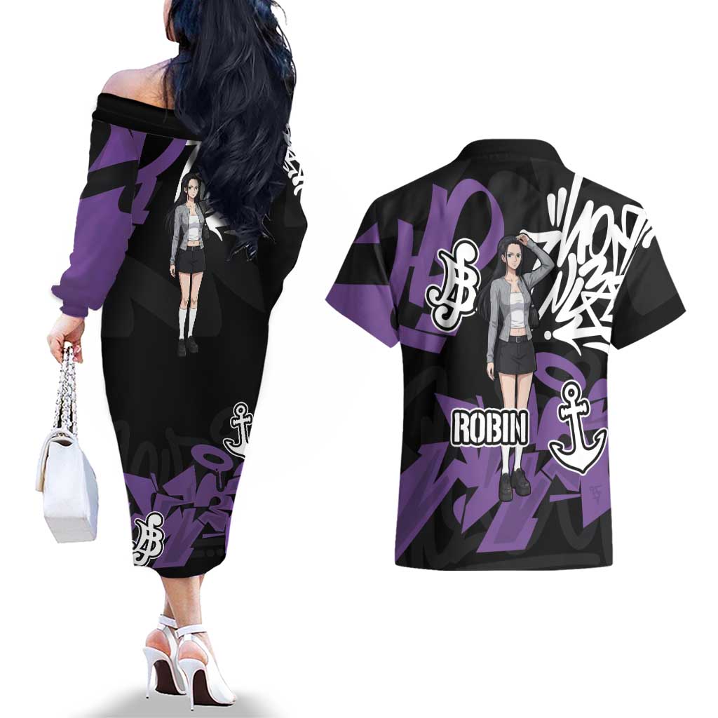 Nico Robin One Piece Couples Matching Off The Shoulder Long Sleeve Dress and Hawaiian Shirt Graffiti Street Art Anime Collage