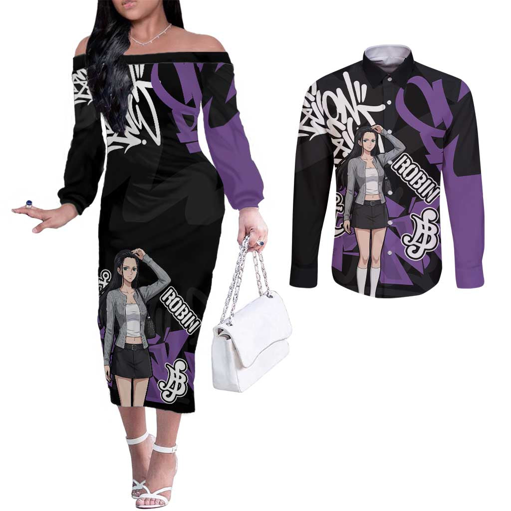Nico Robin One Piece Couples Matching Off The Shoulder Long Sleeve Dress and Long Sleeve Button Shirt Graffiti Street Art Anime Collage