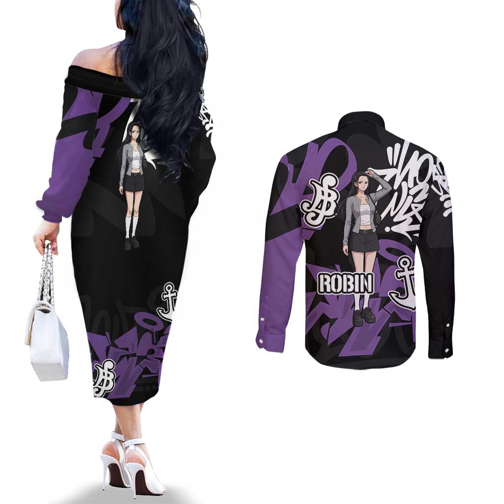 Nico Robin One Piece Couples Matching Off The Shoulder Long Sleeve Dress and Long Sleeve Button Shirt Graffiti Street Art Anime Collage