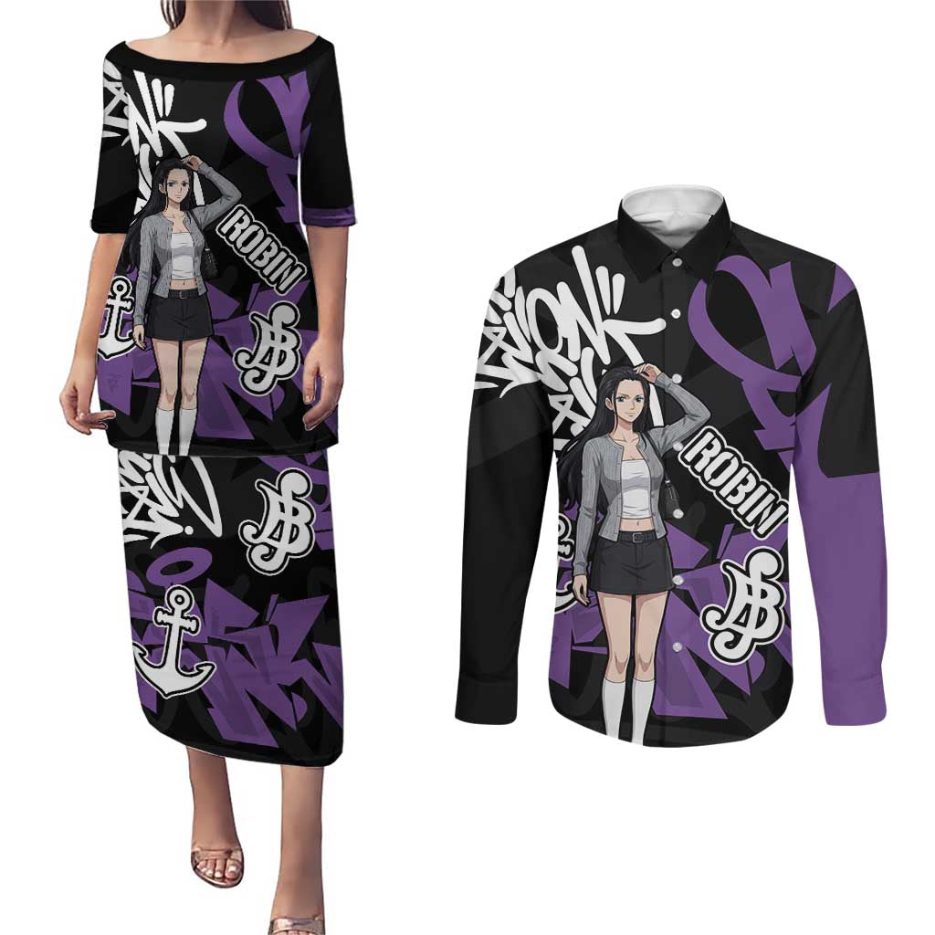 Nico Robin One Piece Couples Matching Puletasi and Long Sleeve Button Shirt Graffiti Street Art Anime Collage