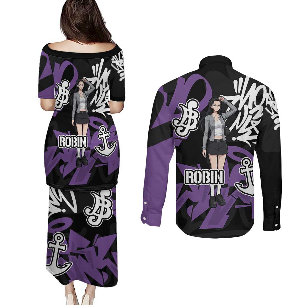 Nico Robin One Piece Couples Matching Puletasi and Long Sleeve Button Shirt Graffiti Street Art Anime Collage