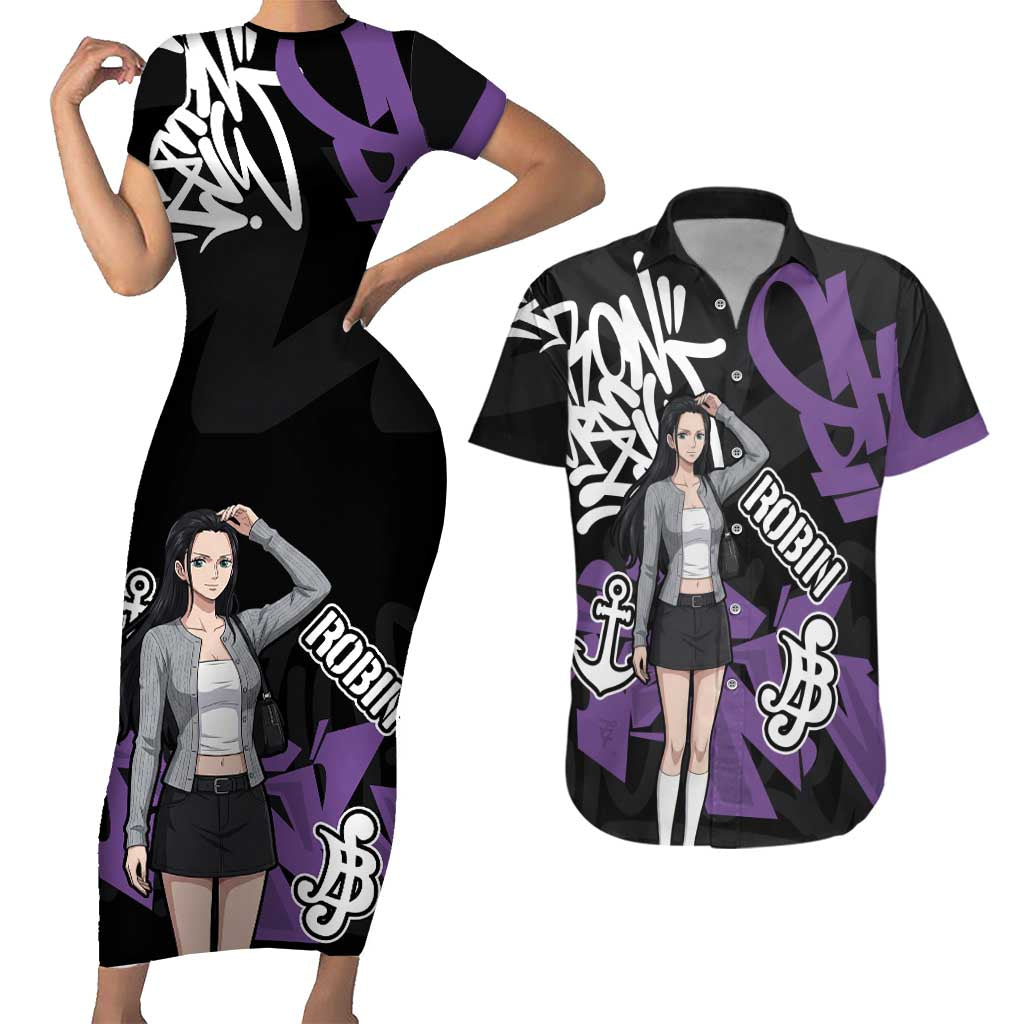 Nico Robin One Piece Couples Matching Short Sleeve Bodycon Dress and Hawaiian Shirt Graffiti Street Art Anime Collage