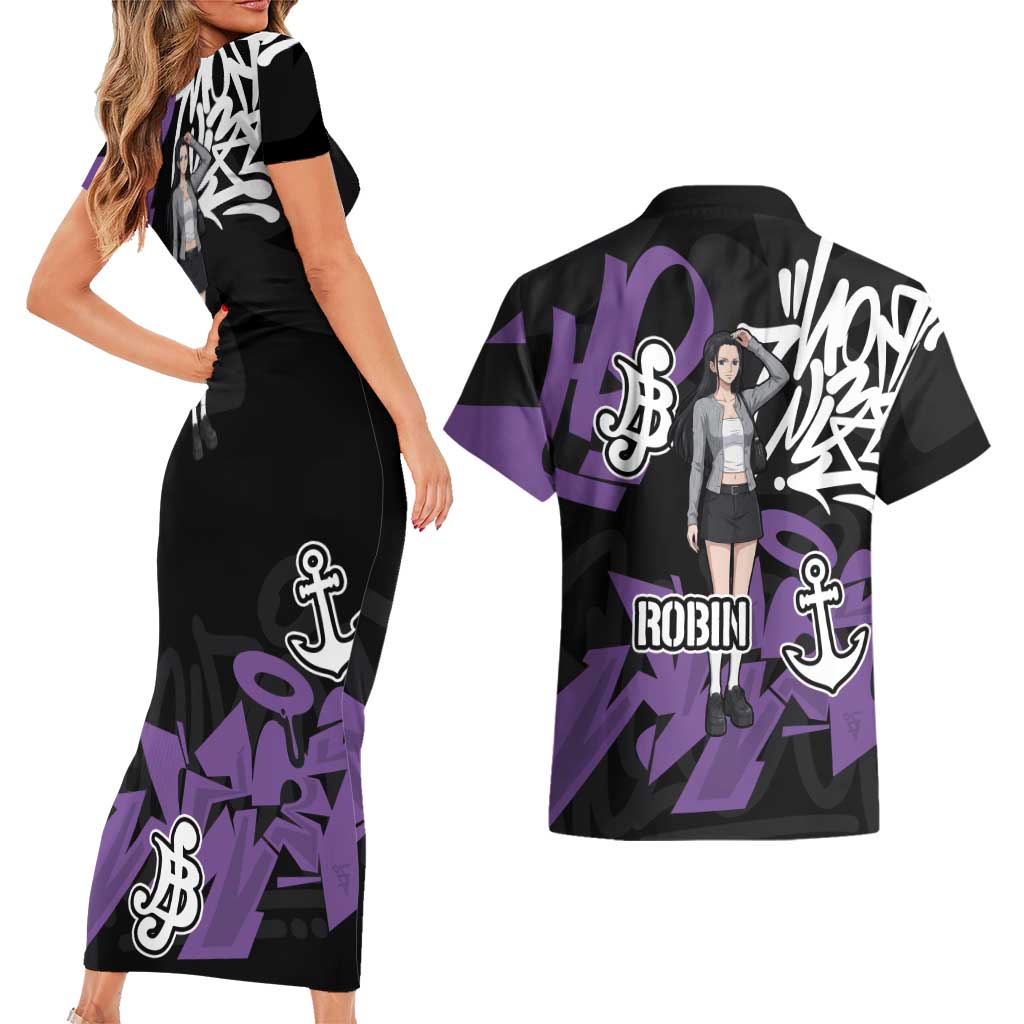 Nico Robin One Piece Couples Matching Short Sleeve Bodycon Dress and Hawaiian Shirt Graffiti Street Art Anime Collage