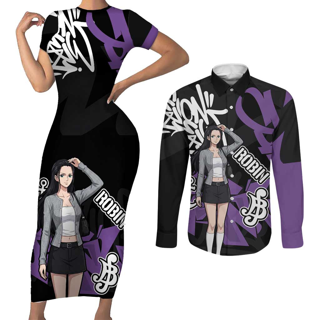 Nico Robin One Piece Couples Matching Short Sleeve Bodycon Dress and Long Sleeve Button Shirt Graffiti Street Art Anime Collage