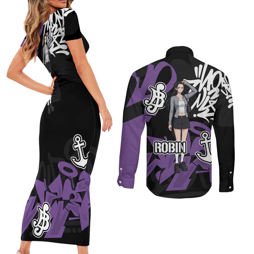 Nico Robin One Piece Couples Matching Short Sleeve Bodycon Dress and Long Sleeve Button Shirt Graffiti Street Art Anime Collage