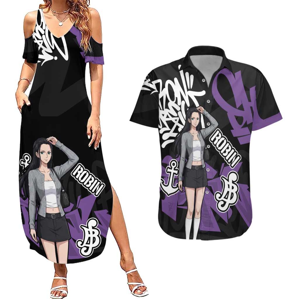 Nico Robin One Piece Couples Matching Summer Maxi Dress and Hawaiian Shirt Graffiti Street Art Anime Collage