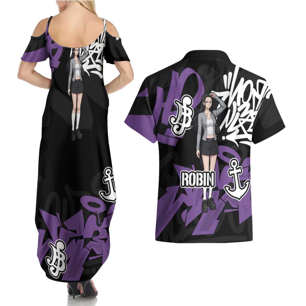 Nico Robin One Piece Couples Matching Summer Maxi Dress and Hawaiian Shirt Graffiti Street Art Anime Collage