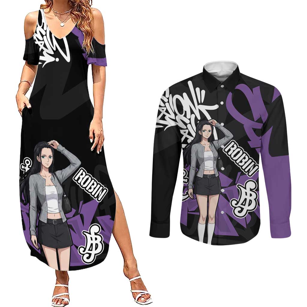 Nico Robin One Piece Couples Matching Summer Maxi Dress and Long Sleeve Button Shirt Graffiti Street Art Anime Collage