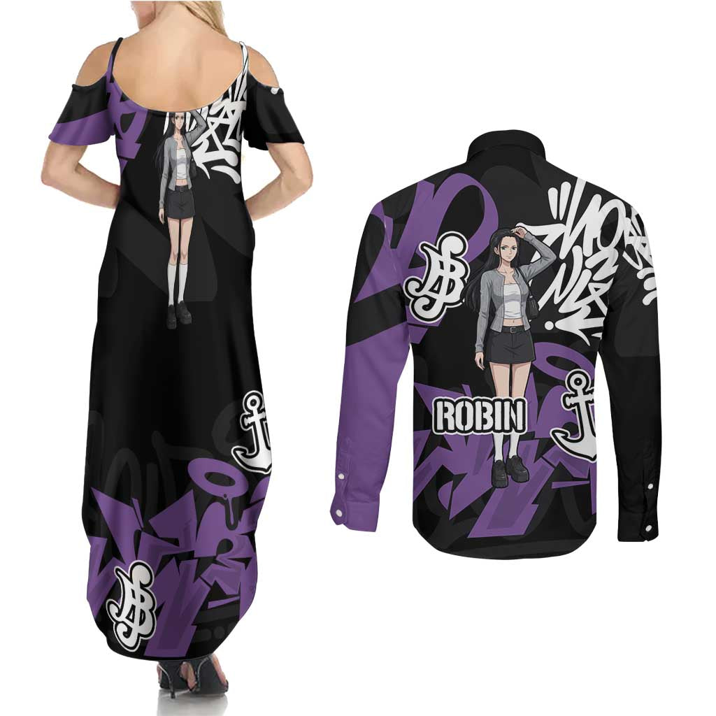 Nico Robin One Piece Couples Matching Summer Maxi Dress and Long Sleeve Button Shirt Graffiti Street Art Anime Collage