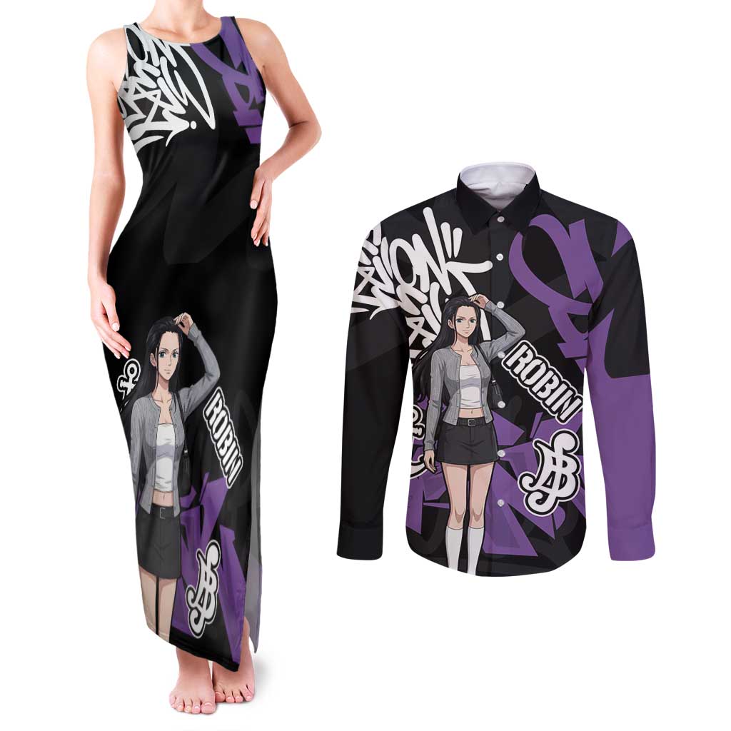 Nico Robin One Piece Couples Matching Tank Maxi Dress and Long Sleeve Button Shirt Graffiti Street Art Anime Collage