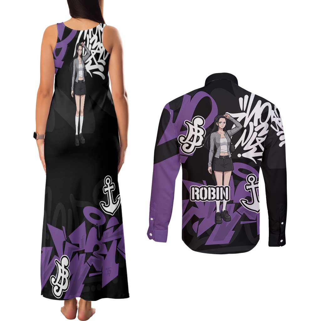 Nico Robin One Piece Couples Matching Tank Maxi Dress and Long Sleeve Button Shirt Graffiti Street Art Anime Collage