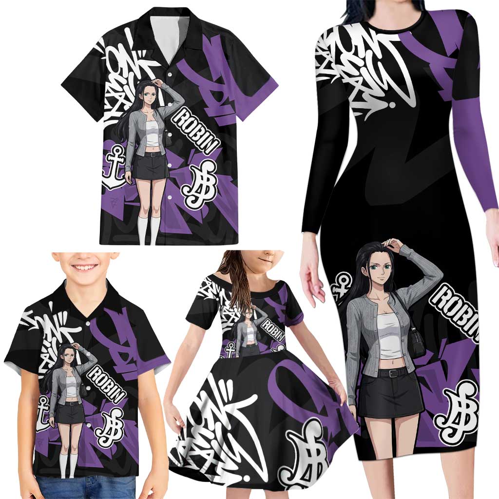 Nico Robin One Piece Family Matching Long Sleeve Bodycon Dress and Hawaiian Shirt Graffiti Street Art Anime Collage