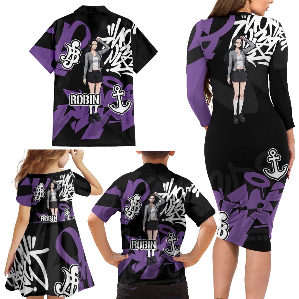 Nico Robin One Piece Family Matching Long Sleeve Bodycon Dress and Hawaiian Shirt Graffiti Street Art Anime Collage