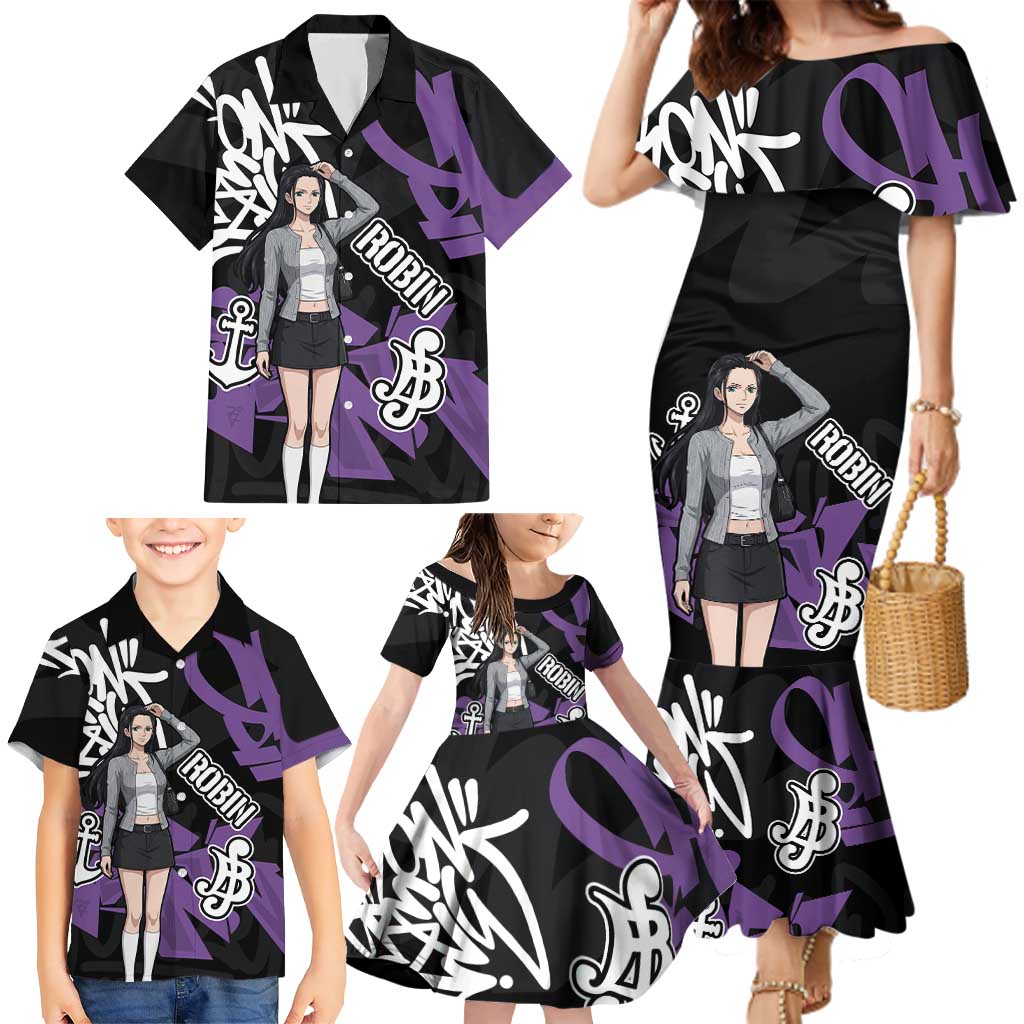 Nico Robin One Piece Family Matching Mermaid Dress and Hawaiian Shirt Graffiti Street Art Anime Collage