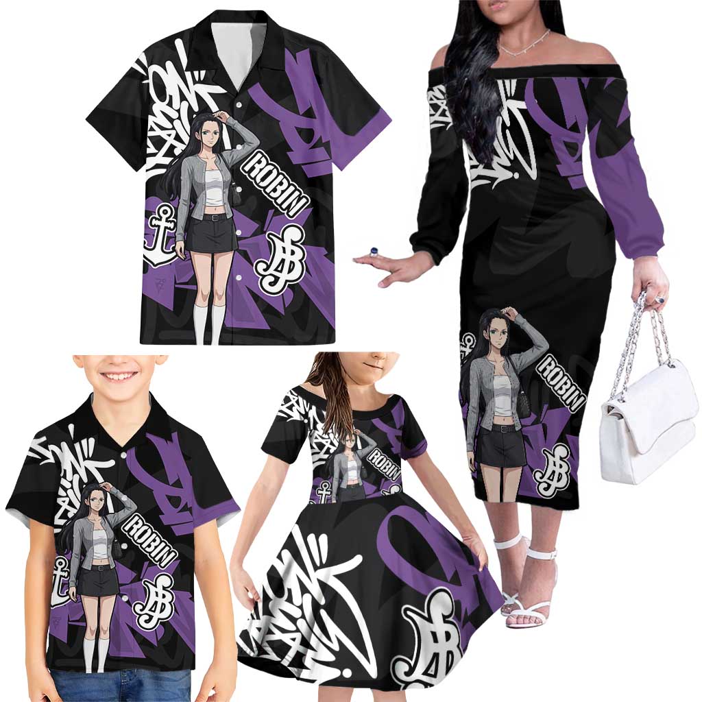 Nico Robin One Piece Family Matching Off The Shoulder Long Sleeve Dress and Hawaiian Shirt Graffiti Street Art Anime Collage